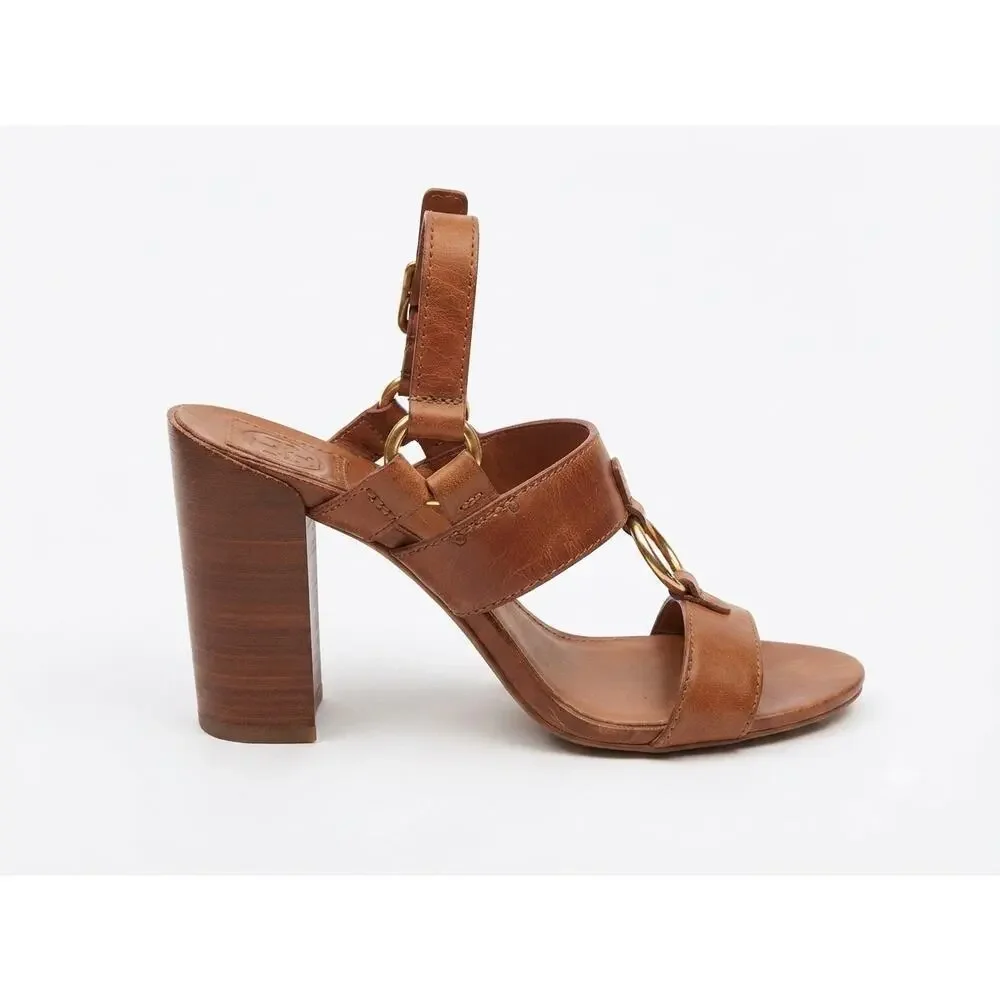 Tory Burch Gipse Almond Antique Veg Leather Heeled Sandals Size 9M